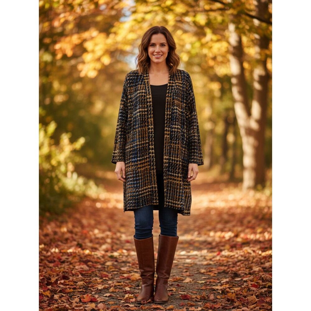 Susan Graver 2-Piece Knit Set Blue Brown & Black Jacket & Tank | Women's MP